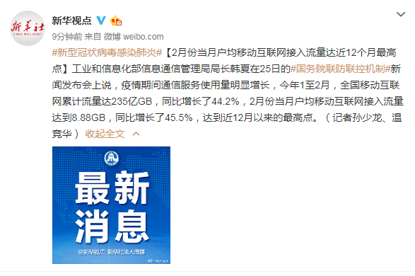 2月份当月户均移动互联网接入流量达近12个月最高点